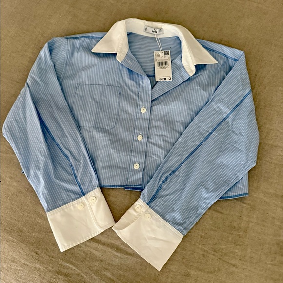 Mango Tops - Mango Blue Pinstripe Crop Shirt with White Collar & Cuffs